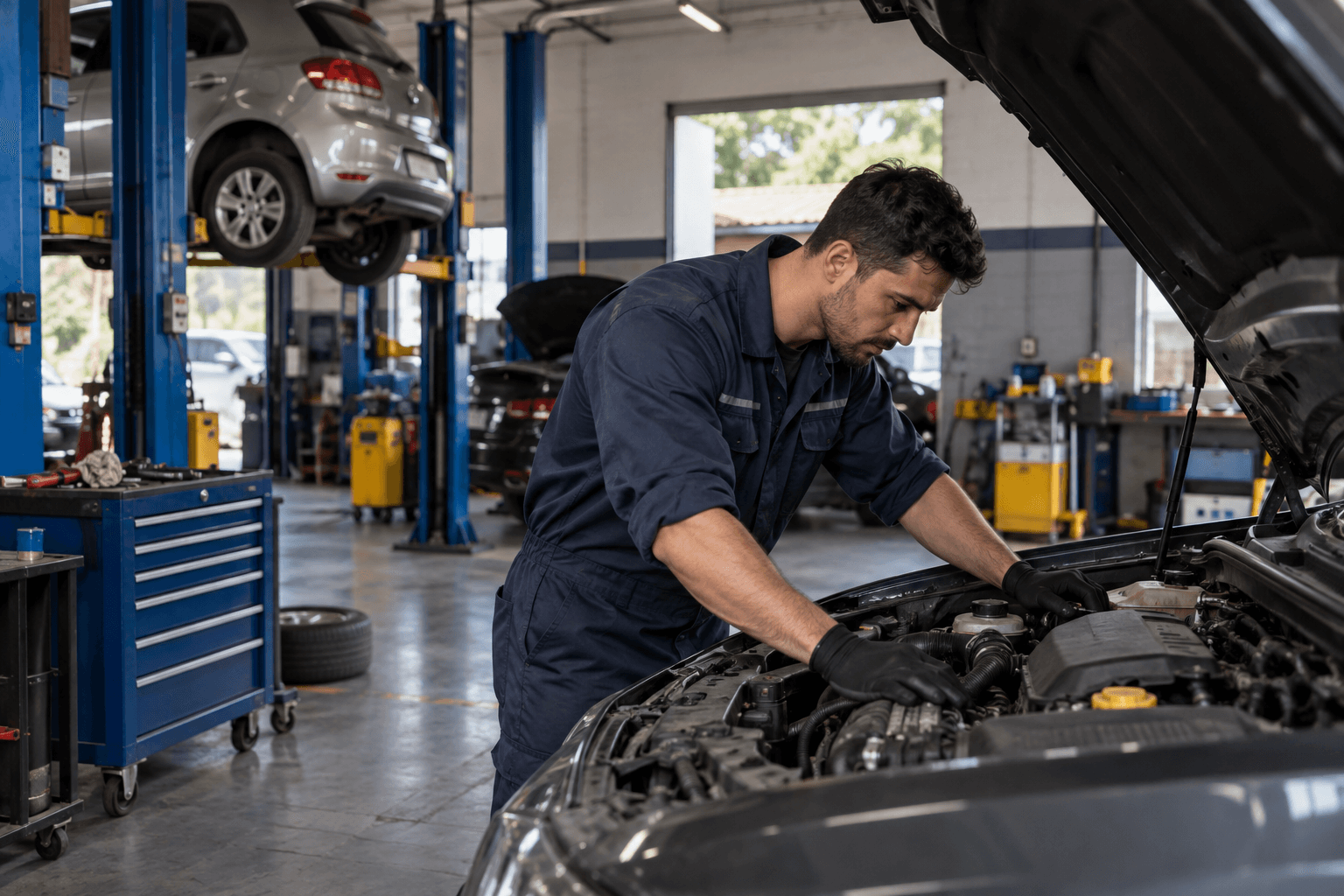 Imagem ilustrativa de um mecânico avaliando um motor em uma oficina